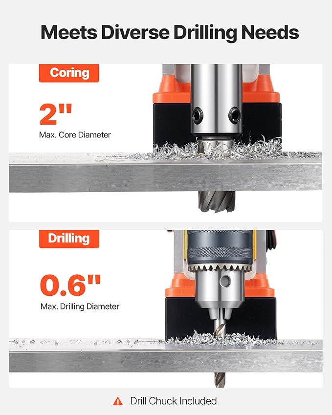 VEVOR Magnetic Drill Press, 1400 W, 2 in Boring Diameter, 2810 lbf Power Portable Mag Drill Press, 0–800 RPM Adjustable Speed, with Weldon Shank, for Metal Surface, Industrial and Home Improvement
