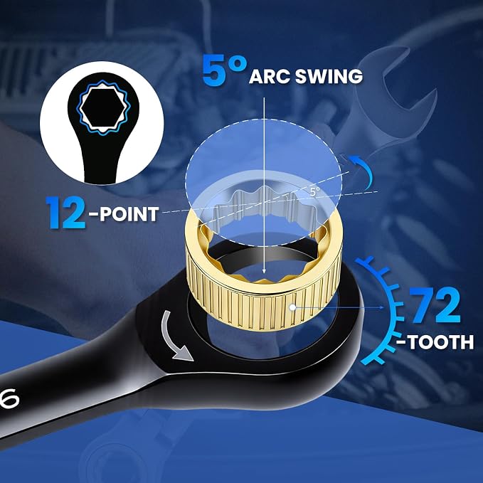 8PCS SAE Ratcheting Wrench Set, 72-Tooth Combination Wrench Set, 5/16"-3/4" | 5-Degree Swing Arc for Tight Spaces,CR-V Steel, Rust-Resistant Black Finish with Storage Organizer