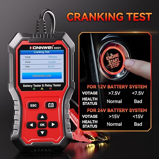 KONNWEI KW371 2-in-1 Car Battery Tester Relay Tester, 6V 12V 24V 10-2000 CCA Automotive Diagnostic Tool for Lead Acid AGM Gel EFB Lithium, Charging Cranking Analyzer for Motorcycle Truck Boat