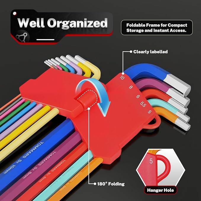 TOMMARS 26-PC Allen Wrench Set, Magnetic Ball End, T-Handle & Color Coded | Extra Long Arm, S2 Steel, SAE(0.05-3/8"), Metric(1.27mm-10mm), Hex Key Set