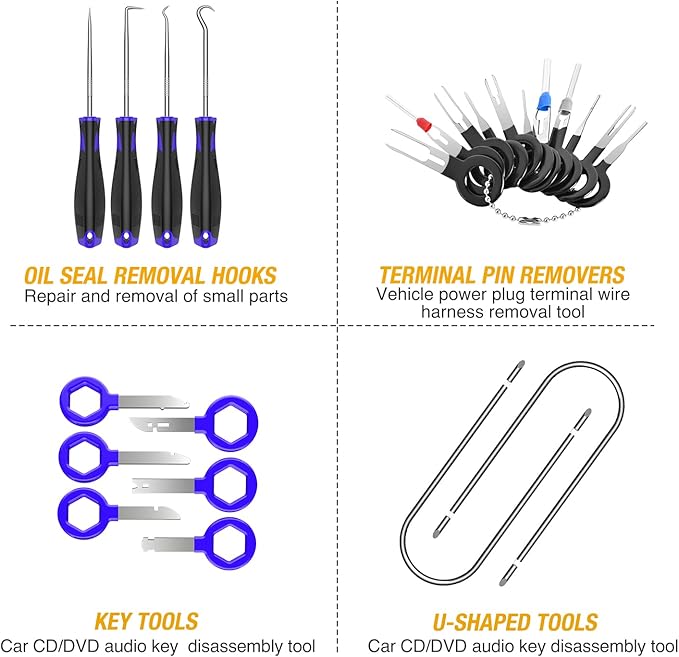 GOOACC 88Pcs Trim Removal Tool, Auto Push Pin Bumper Retainer Clip Set Fastener Terminal Remover Tool Adhesive Cable Clips Pry Kit Car Panel Radio Removal Auto Clip Pliers