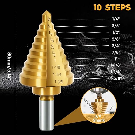 Titanium Step Drill Bit - 4241 HSS Step Bit with Two Straight Grooved, 1/4" to 1-3/8" Step Bit for Metal, 10 Sizes HSS Step Drill Unibit for Metal, Aluminum, Wood & Plastic