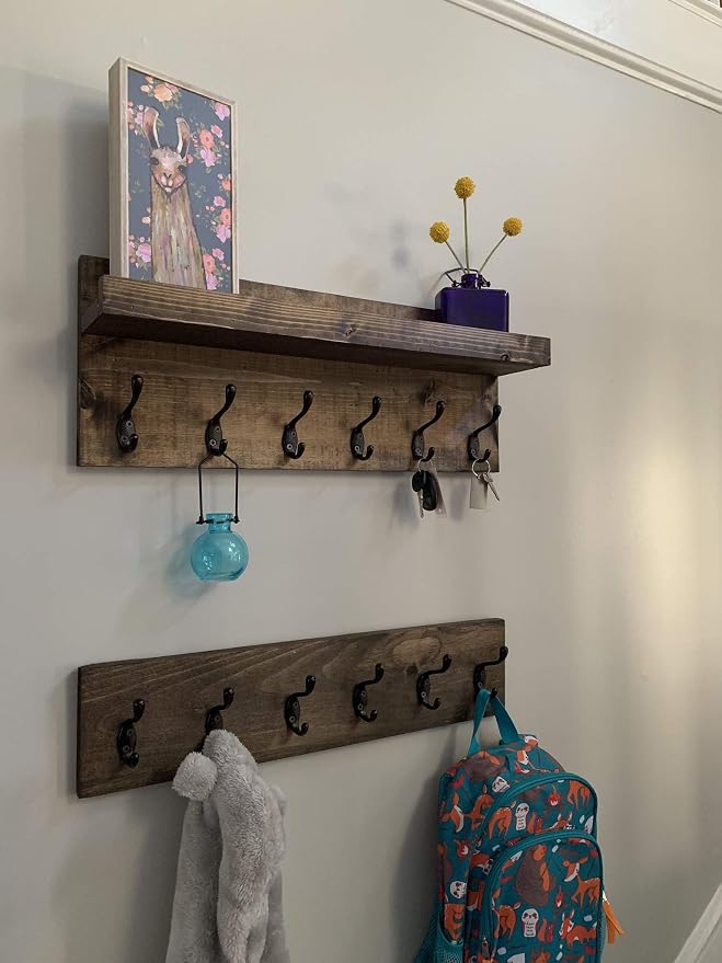 Coat Rack with Shelf Wall Mounted with Storage (Choose Your Length) Towel Rack Entryway Organizer Key Hooks (28" L (7 Hooks) Set of 2)