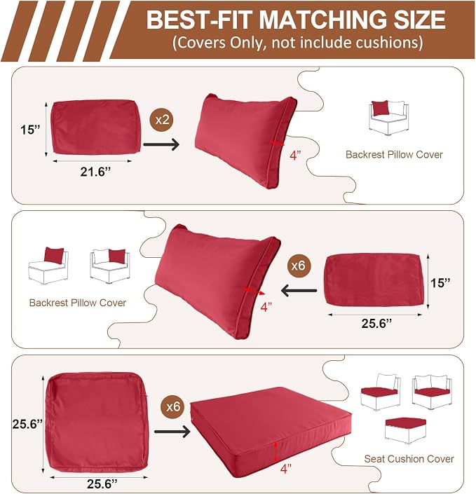 14 Piece Outdoor Patio Cushion Covers Replacement, Waterproof Outdoor Furniture Cushion Covers, Fit 7 Pcs 6 Seater Wicker Rattan Patio Conversation Sofa Set,Red,25.6x25.6