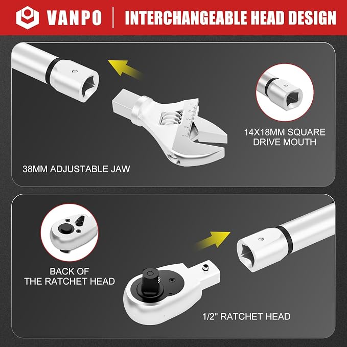 VANPO Adjustable HVAC Digital Torque Wrench, 5-99.6 Ft.lb/6.8-135Nm | 38mm Jaw & 1/2" Ratchet, 14×18mm Open End, ±2% Accuracy, Buzzer, Vibration, LED Indicator for Split AC, Motorcycle, Plumbing