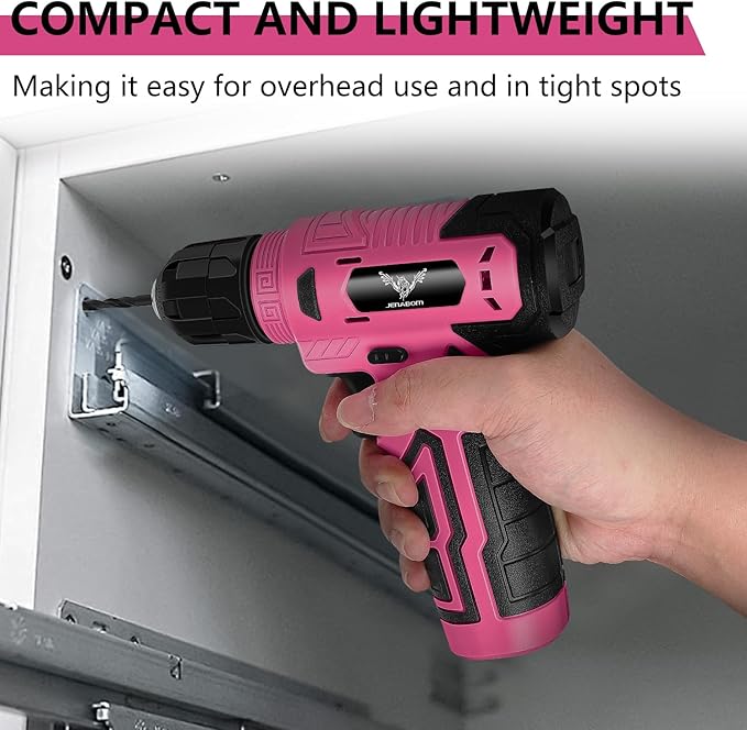 JENABOM 8V Power Cordless Drill, Electric Screwdriver for Women, Pink Drill Set with 3/8"Keyless Chuck, Built-in LED, Type-C Charge Cable, Variable Speed Trigger