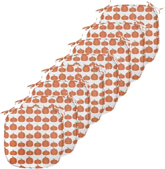 Lunarable Autumn Pumpkin Chair Seating Cushion Set of 8, Simplistic Halloween Fruit Pattern on Plain Backdrop, Anti-Slip Seat Padding for Kitchen & Patio, 16"x16", Burnt Orange Green Brown
