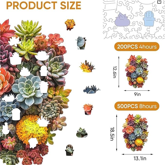 Delobi Succulent Waterfall Wooden Puzzles, 200 Pieces Jigsaw Puzzles 12.6'' x 9'', Unique Design Wooden Puzzles for Adults and Kids, Family Game Gift
