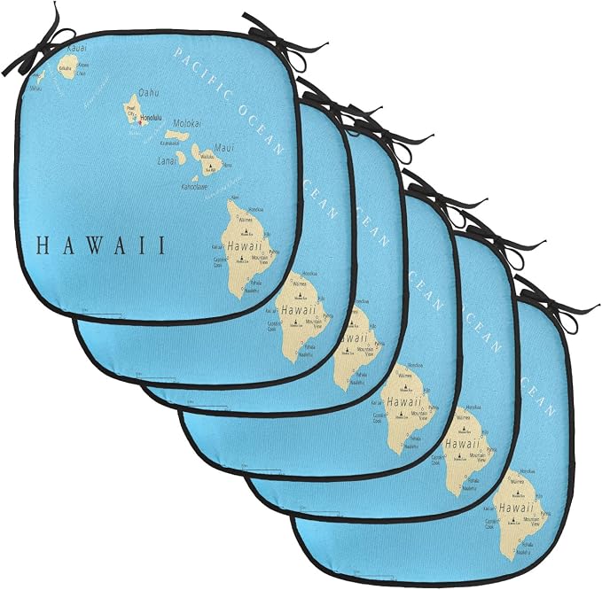 Lunarable Hawaiian Chair Cushion Pads Set of 6, Map of Hawaii Islands Capital Honolulu Borders and Important Cities, Anti-Slip Seat Padding for Kitchen & Patio, 16"x16", Blue Ivory Black