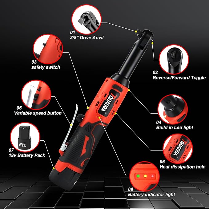 3/8" Cordless Electric Ratchet Wrench Set, 18V Power Ratchet Tool Kit With 2 Packs 2000mAh Battery And Charger, 45 FT-LBS Battery Powered Extended Wrench with LED Lights