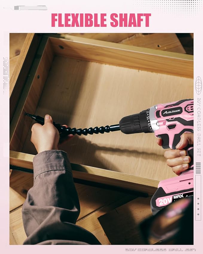 AVID POWER 20V MAX Power Drill Kit, Cordless Drill Set with Battery and Charger, 2 Variable Speed, 3/8-Inch Keyless Chuck, 19 Position and 22pcs Bits - Pink