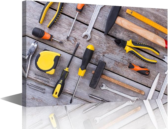 Large Wall Art for Living Room Wrench Tape Measure Tape Glove Picture Various Tools for Working in the Workshop Poster Canvas Supermarket Hotel Tool Room Hardware Store Wall Decor 1pcs (24"Wx36"H)