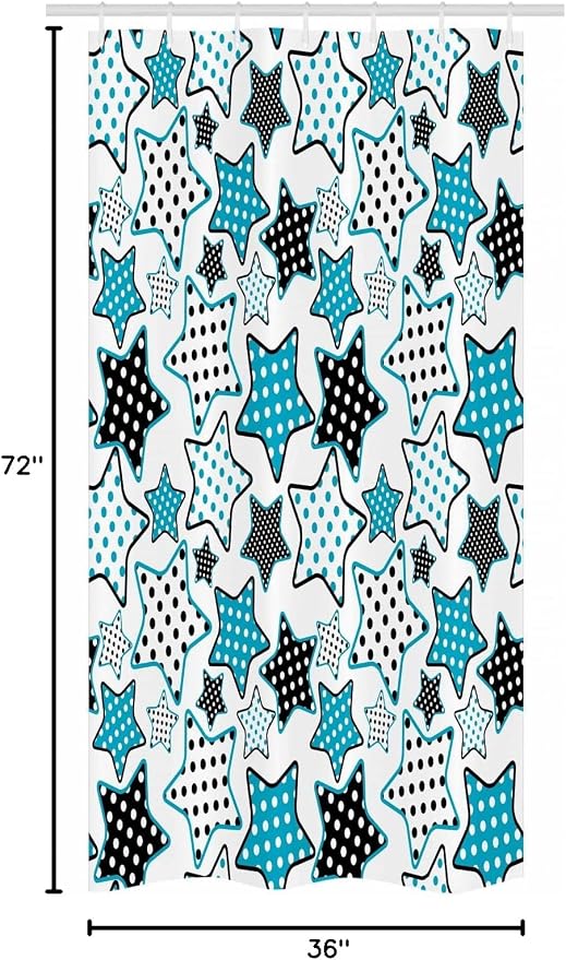 Ambesonne Cartoon Stall Shower Curtain, Stars Shapes Cartoon Illustration Geometry Cheer Celebration, Fabric Bathroom Decor Set with Hooks, 36" W x 72" L, Petrol Blue Black White