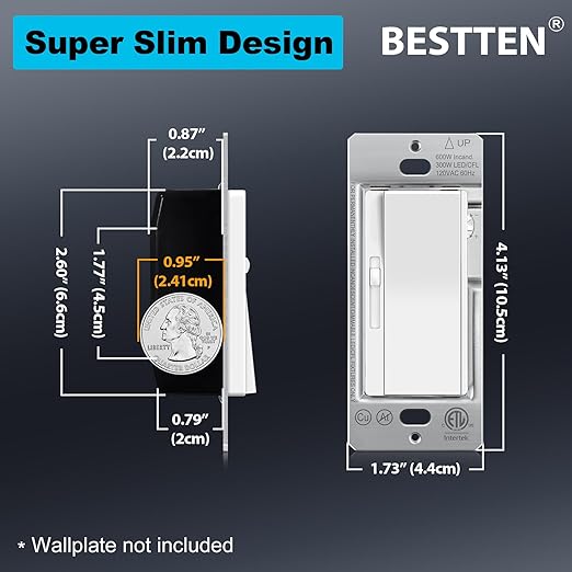 BESTTEN 3 Pack Slide Dimmer Light Switch, Quiet Rocker, Super Slim Single Pole or 3 Way Dimmable Switch, Max 300W LED, CFL, 600W Incandescent, ETL Listed, White