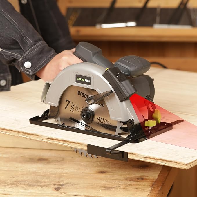 GALAX PRO 11Amp Corded Circular Saw with Laser, 6000RPM, 0-45° Adjustable Bevel, Max Cutting Depth 2-1/2''(90°) to 1-7/8''(45°), 7-1/4 Inch Carpentry Blade for Wood Plastic Cuts