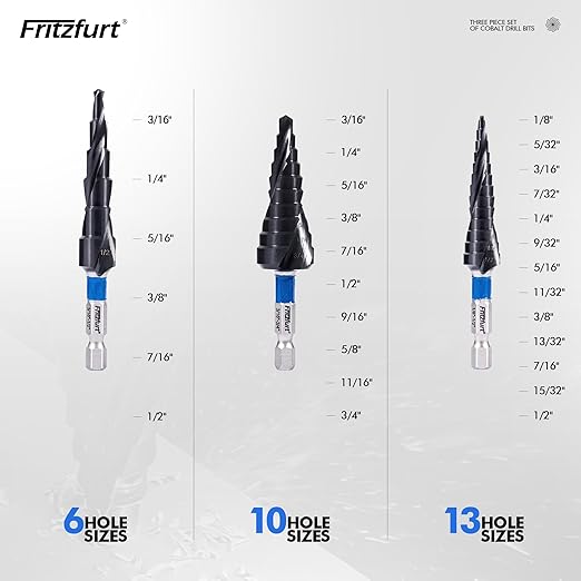 3-Piece M35 Cobalt Step Drill Bit Set — CBN Ground, AlTiN Coated, 1/4" Hex Shank | 6, 10 & 13 Steps | 1/8"–3/4" | Sheet Metal, Stainless Steel, Electrician