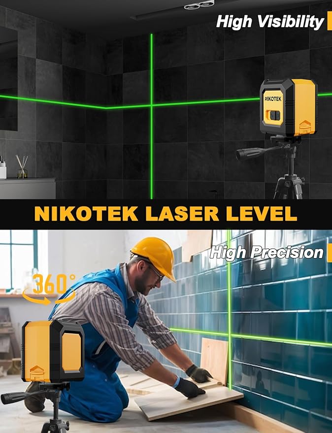 Nikotek Laser Level with Tripod, Self-Leveling Green Beam Horizontal and Vertical Cross-Line Laser for Home Decoration Carrying Pouch, Battery Included