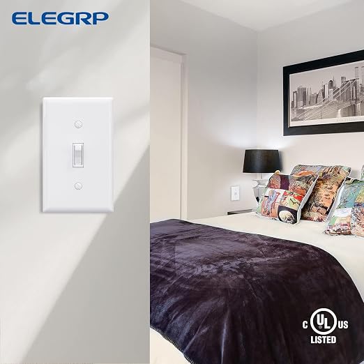 ELEGRP 3 Way Toggle Light Switch with Plate, 15 Amp, 120 V, Toggle Framed AC Quiet Switch, in Wall On/Off Switch, Self-Grounding, Residential and Commercial Grade, UL Listed (5 Pack, Glossy White)