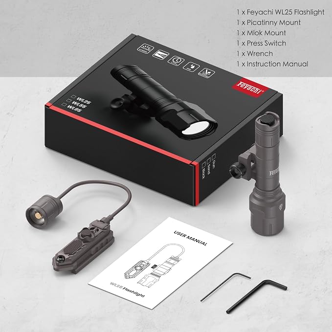 Feyachi Rifle Light 1200LM 22500Candela WL25 Tactical AR Flashlight LED Outdoor Light with Pressure Switch & Picatinny/Mlock Rail Mount, 3 Modes - High/Low/Strobe