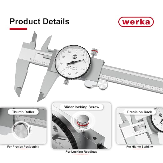 werka Dial Caliper 12 Inch, Shockproof Dial Caliper Measuring Tool with 0.001" Precision Micrometer Caliper with Custom Case, 4-Way Measurement, Stainless Steel