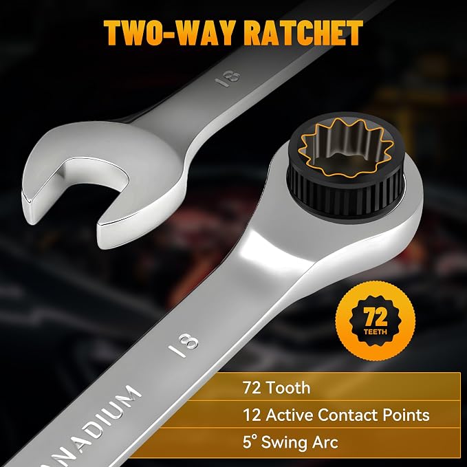 KOOPOOL Ratchet Wrenches Set, 22-Piece Combination Wrench Set, Metric & SAE, Anti-Slip Grip, CR-V Steel, 1/4" to 3/4" & 6mm to 18mm, Portable Oxford Pouch Organizer