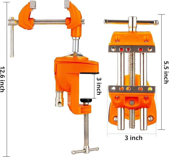 Bench Vise, 360° Swiveling Articulating Vise, Clamp-On Vise for Workbench, Cast Steel Table Clamp Vise, Pipe Vise, Bench Vice for Woodworking, DIY, Drilling, Sawing, Metal Working, Orange