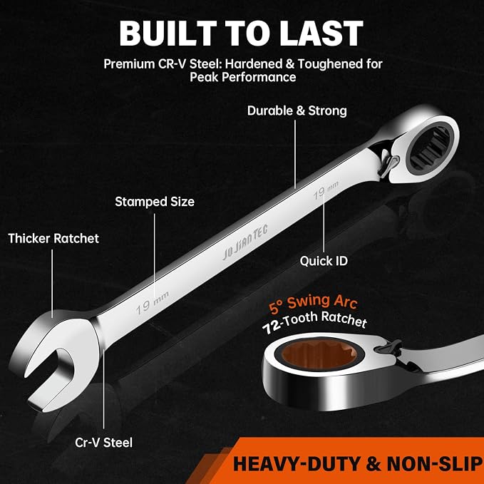JUJIAN TEC 9-Piece Metric Ratcheting Combination Wrench Set | 72-Tooth Reversible Ratchet, Cr-V Steel, 8-19mm, Roll-Up Pouch