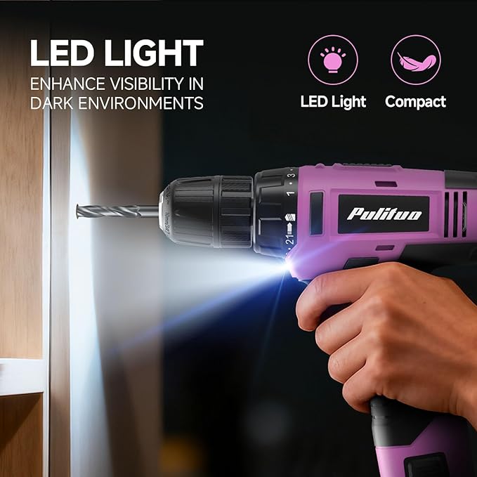 PULITUO Drill Set, 149-Piece Home Tool Set with 12V Pink Cordless Drill, ToolBox, Hand Tool Kits for Women Men, DIY Enthusiasts for Home Improvement.