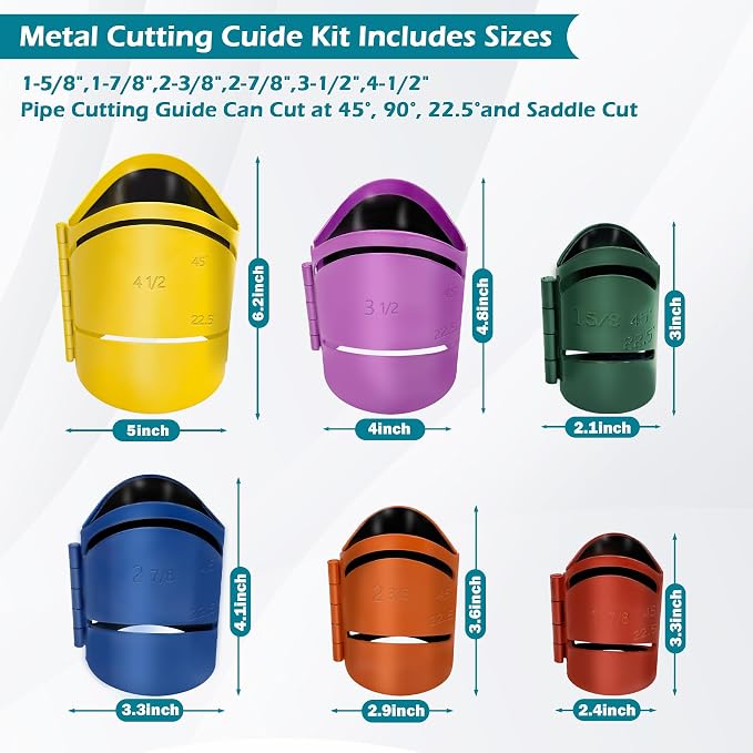 Magnetic Metal Cutting Guide Kit Includes Sizes：1-5/8" 1-7/8" 2-3/8" 2-7/8" 3-1/2" 4-1/2" Pro Pipe Cutting Guide Cuts at 45°, 90°, 22.5°and Saddle Cut, Cut Pipe Saddle Template Cutting Guide,Steel