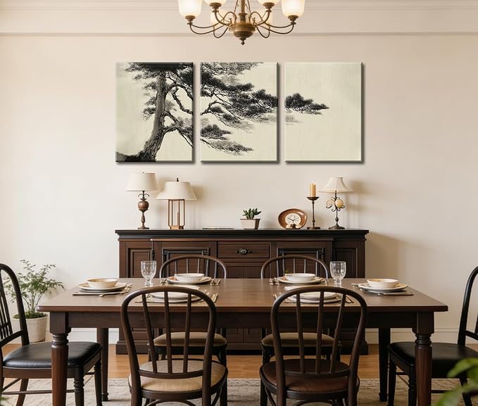 Frimeeme Vintage Sketch Pine Tree Framed Canvas Wall Art Set of 3, Antique Wilderness Forest Wall Decor, Nature Botanical Landscape, 12x16 Inch，Modern Landscape Prints for Living Room Bedroom, 12x16 Inch