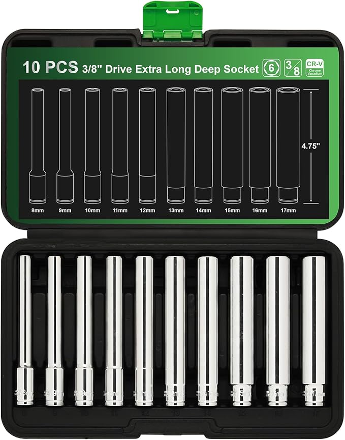 TecoTek 10PCS 3/8-Inch Drive Extra Deep Metric Socket Set, 6 Point, 8mm to 17mm, No Skipped Sizes, 120MM Deep CR-V Socket for Automotive and Industrial Applications