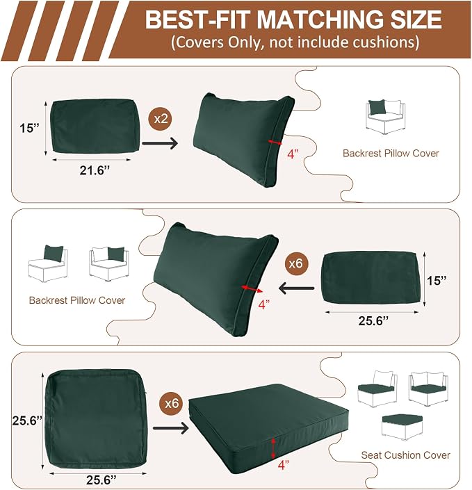 14 Piece Outdoor Patio Cushion Covers Replacement, Waterproof Outdoor Furniture Cushion Covers, Fit 7 Pcs 6 Seater Wicker Rattan Patio Conversation Sofa Set,Dark Green,25.6x25.6