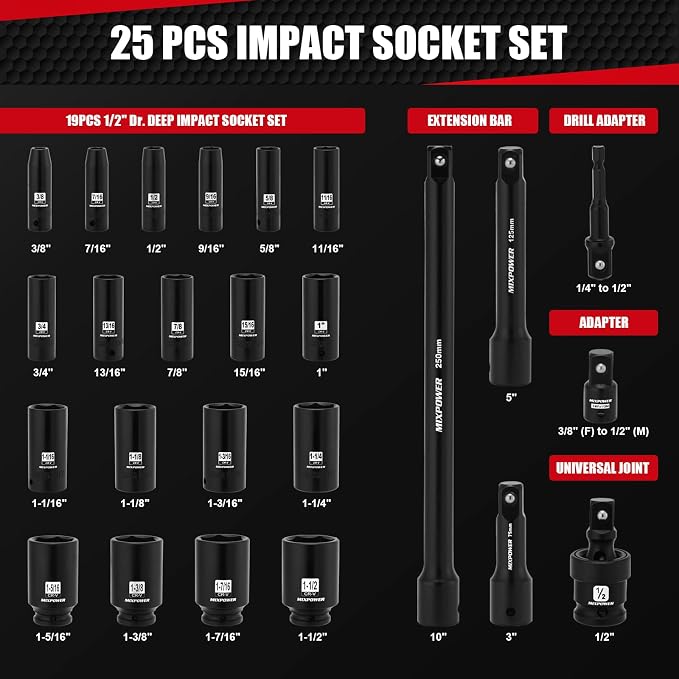 MIXPOWER 25 PCS 1/2” Drive Impact Socket Set, 3/8" to 1-1/2" Deep Socket, 6-Point Hex Socket with Portable Case,SAE,CR-V&CR-MO Steel