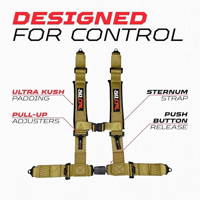 1pc 50 Cal Baja Gold 4 Point Harness 2in Straps, Racing Harness Seat Belt | Ultra Kush padding, Push Button quick release hardware. Universal Fit for UTV, RZR, race car.