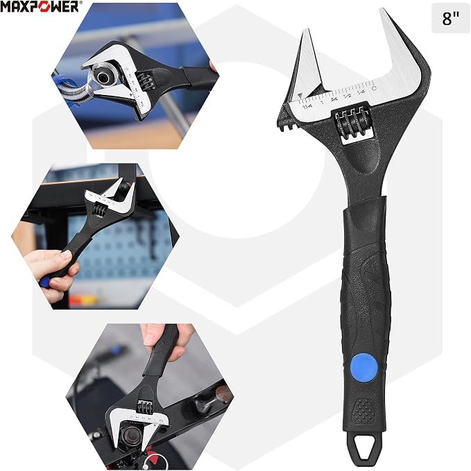 MAXPOWER 8-inch Wide Jaw Adjustable Wrench, 1.6" Jaw Opening, Soft Grips | Stubby Plumbing Wrench, Cr-V Steel, Smooth Jaws