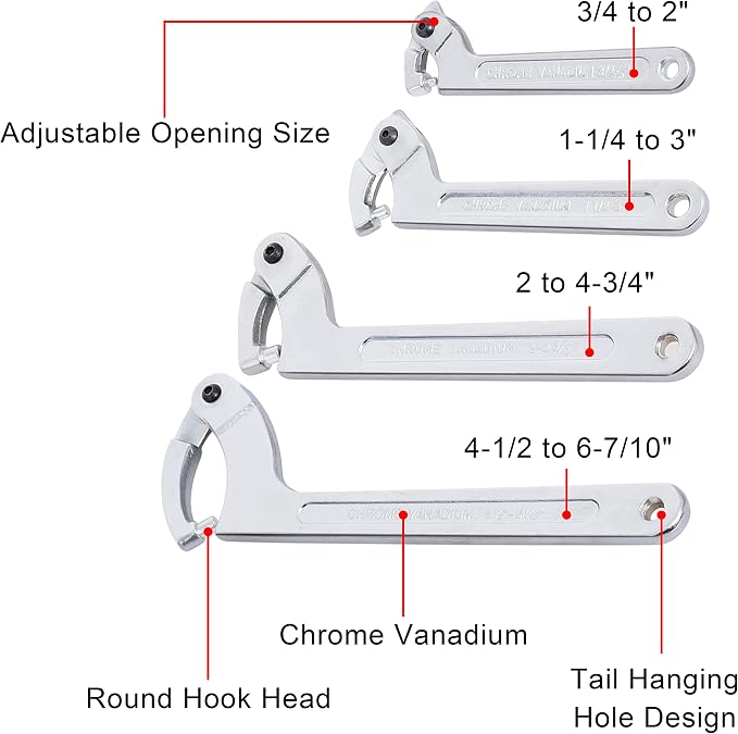 Adjustable C Pin Spanner Hook Wrench Set, Chrome Vanadium Steel 4 Size | 3/4-2", 1-1/4-3", 2-4-3/4", 4-1/2-6-7/10" Round Head Pin Spanner Wrench, Hydraulic Cylinder Tools for Lock Nuts and Bearings