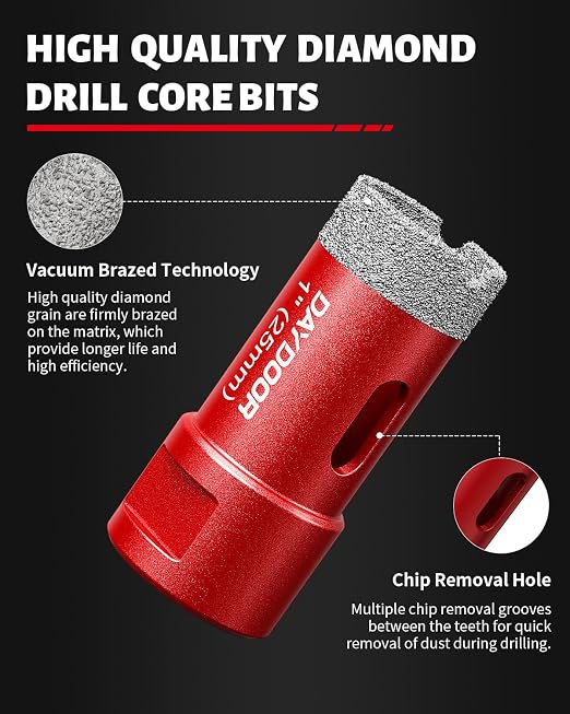 DAYDOOR Diamond Hole Saw Kit, 13-Piece Tile Hole Saw Kit 1/4" 5/16" 4/5" 1" 1-3/8" 2" 3" 4",Vacuum Brazed Core Drill Bits for Porcelain Tile, Granite, Marble, Stone(Red)