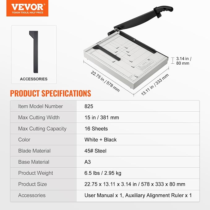 VEVOR Paper Cutter, Guillotine Trimmer, 15" Cut Length, 16 Sheets Capacity, Heavy Duty Guillotine Paper Cutter with Guard Rail/Blade Lock, Paper Trimmer for Home Office School