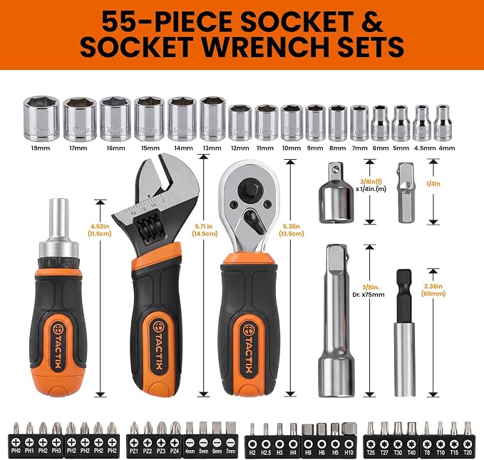 Tactix 55-Piece Stubby Socket Wrench Set, Ratchet Screwdriver & Quick-Release Socket Wrench, Adjustable, 1/4'' & 3/8'' Socket, Bits, CR-V Metric, Garage Repair, Home Use, with Portable Hard Case