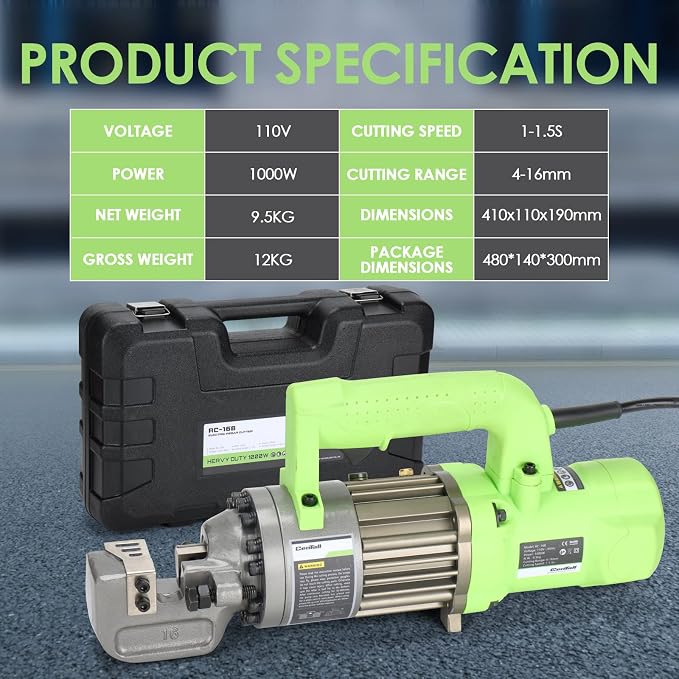 5/8" Electric Hydraulic Rebar Cutter 1-1.5s Cutting Speed Portable Rebar Cutter Cutting Rebar 4-16mm 1000w 120v/60hz RC16B (Light Green)