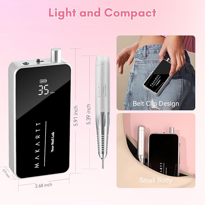 Makartt Nail Drill Professional, 35,000RPM Electric Nail File for Acrylic & Gel Removal, 60W Brushless Coreless Motor, 2-in-1 Desktop & Portable, LCD Display, Rechargeable, Quiet, F&R, Nouvella Black