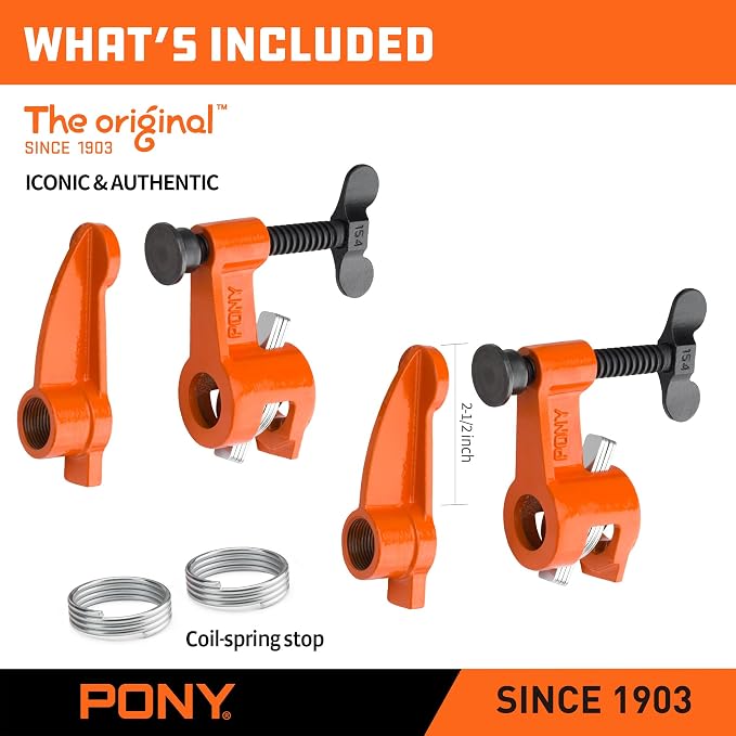 PONY Original Deep-Reach Pipe Clamp Fixture Set, 2 Pack 3/4″ Pipe Clamp Tools, 2.5″ Throat Depth, Reversible Spreader Heads, Multi-Disc Clutch for Woodworking, Carpentry, DIY