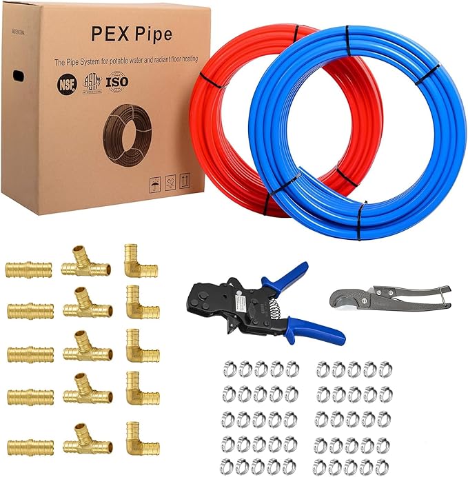 (Pipe&Combo Kit) EFIELD 3/4" 2 x100 ft Pex-B Pipe 200 ft, Brass Fittings, Ratchet Crimping Tool, Cinch Clamps, Cutter Combo Kit (All in One)