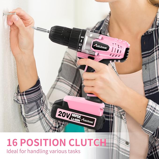 AVID POWER 20V Cordless Drill Set for Home DIY & Beginner Projects - Lightweight Power Drill with Battery Charger & 22 Bits, Variable Speed, 3/8" Keyless Chuck, Ideal for Furniture Assembly (Pink)