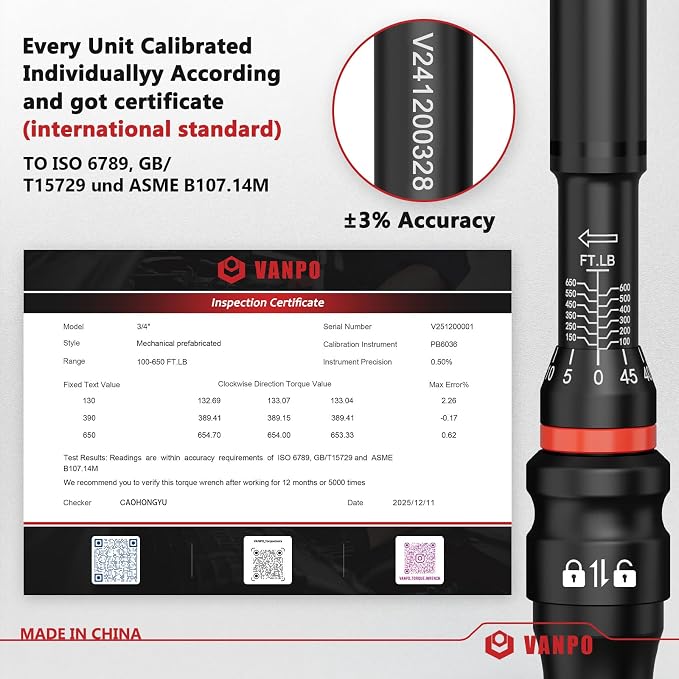 VANPO Torque Wrench 3/4-Inch Drive 100-650 Ft-Lb for Truck, ±3% Accuracy | Click Style, Quick-Release Ratchet Head, Heavy Duty for Heavy Equipment & Industrial, 40 CR, TPR+ABS Handle, 45-Tooth