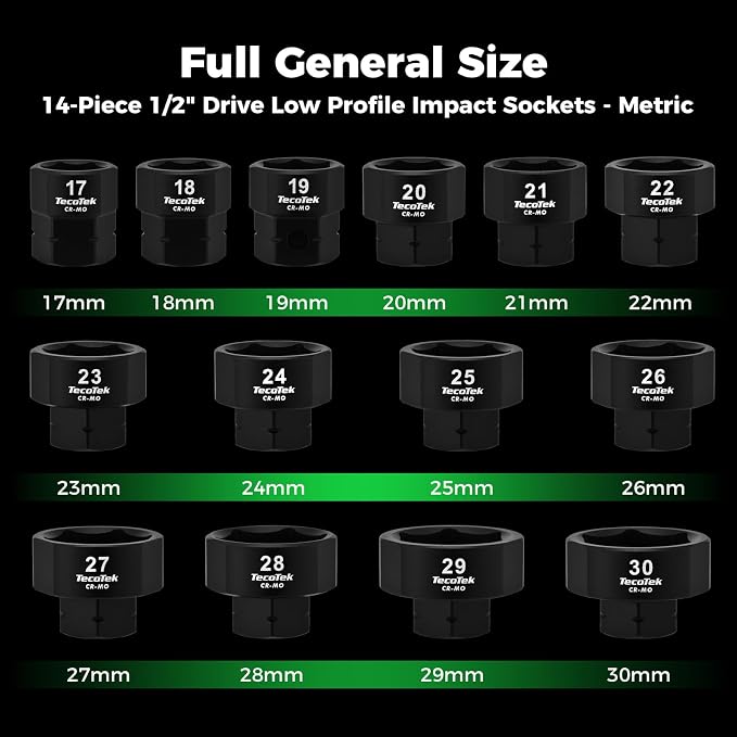 TecoTek 14PCS 1/2" Drive 17-30mm Low Profile Nano Impact Socket Set