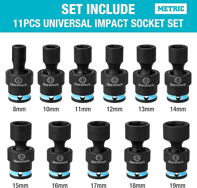 DURATECH 3/8" Drive Impact Swivel Socket Set, 11 Pcs Shallow Wobble Sockets | 8-19mm, Metric, Universal Joint Socket Set, Cr-Mo Steel, 6 Points, Organized in Sturdy Storage Case