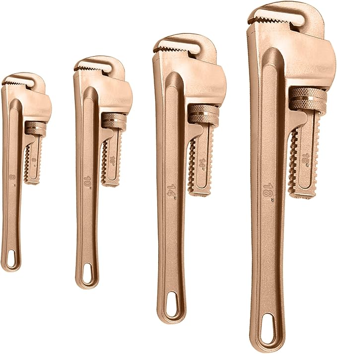 WEDO Non-Sparking Pipe Wrench Set,8" 10" 14" 18",4PCS Spark-Free Straight Plumbing Wrench Set,No Spark Safety Adjustable Spanner,Beryllium Copper,Non-Magnetic,Corrosion Resistant, DIN/BAM/FM Standard