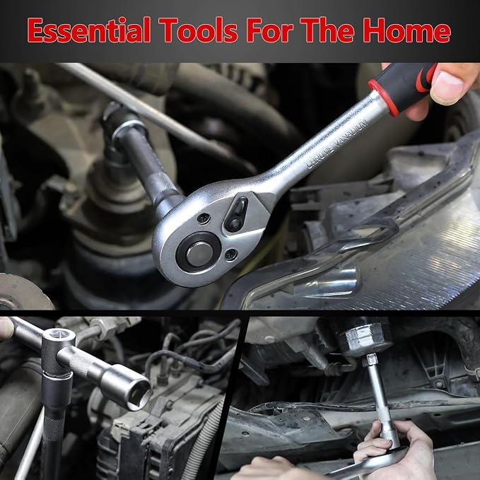 XHTT 94 Piece Tools For Mechanics,Metric And Standard 1/4,1/2 Socket Set,And Ratchet Set,Universal Joint,Extension Bars And Quick Release Reversible Ratchet Wrench,Plastic Toolbox Storage.