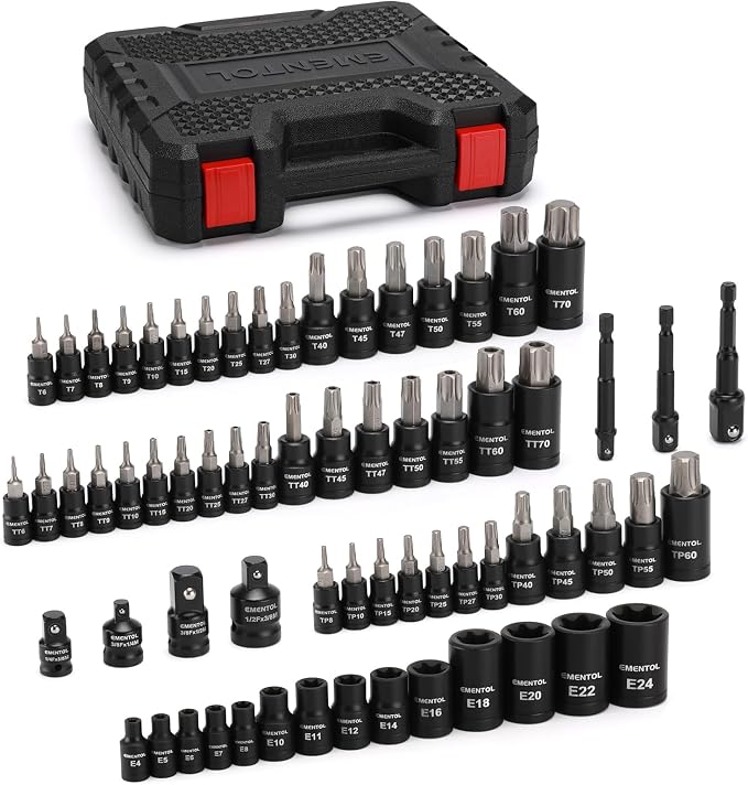 EMENTOL Master Torx Bit Socket and External Torx Socket Set, 1/4" 3/8" 1/2" Drive, 67PCS, T6-T70, TT6-TT70, TP8-TP60, E4-E24, Includes Socket Adapters, Drill Adapters, CR-V Steel